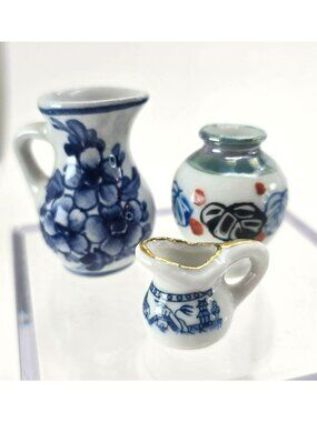 Miniature Vase and Pitchers Delft Luster Asian Perfect for Doll House je168